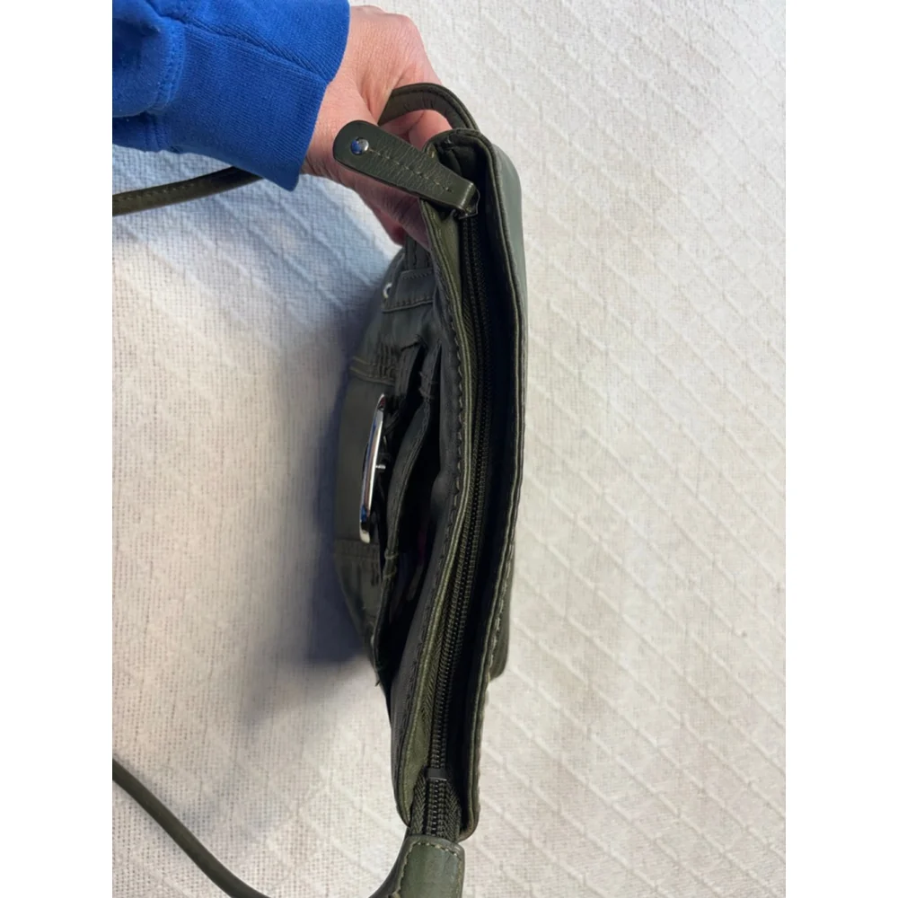Vintage Tignanello Olive Green Italian Leather Crossbody with Buckle Accent